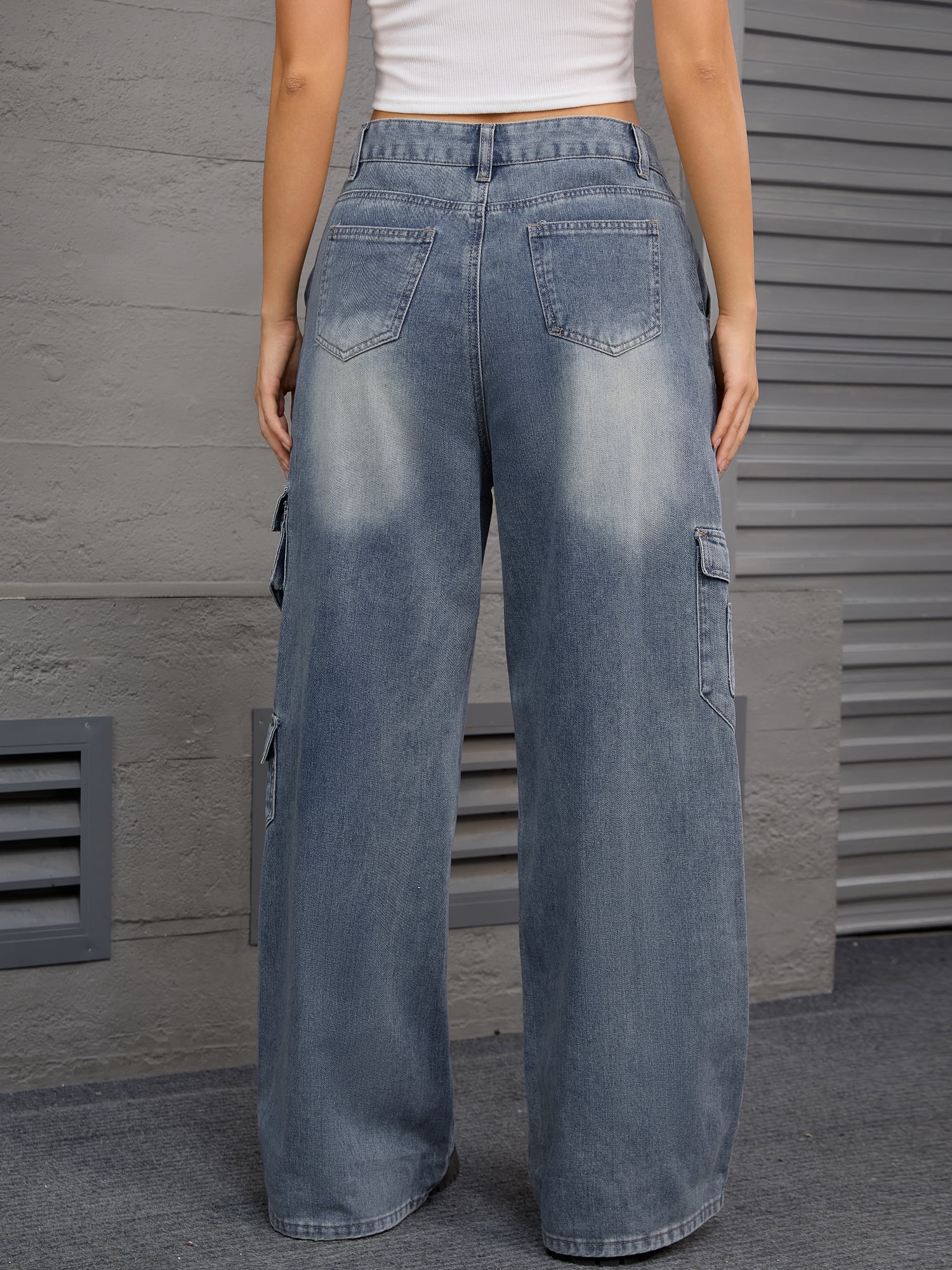 DARING DIVA Women's Baggy Jeans Multi-Pocket Cargo Denim Pants 2XL Gray Blue
