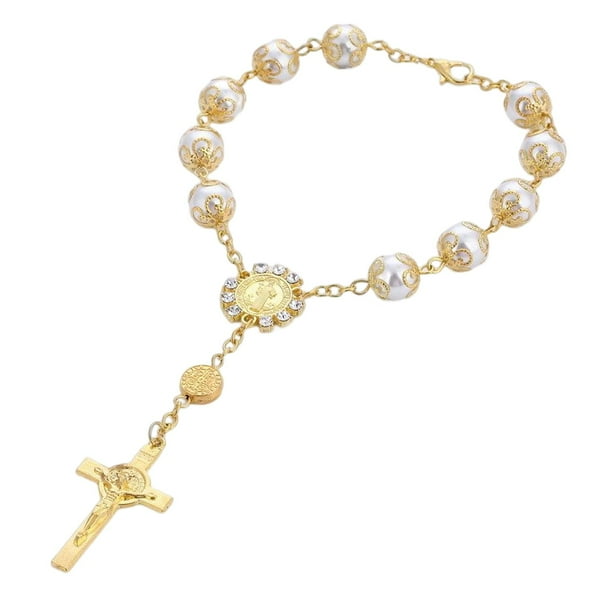 Pulsera con cruz religiosa, crucifijo, decorativa, cristiana, retro, bautizo, vintage. Dorado