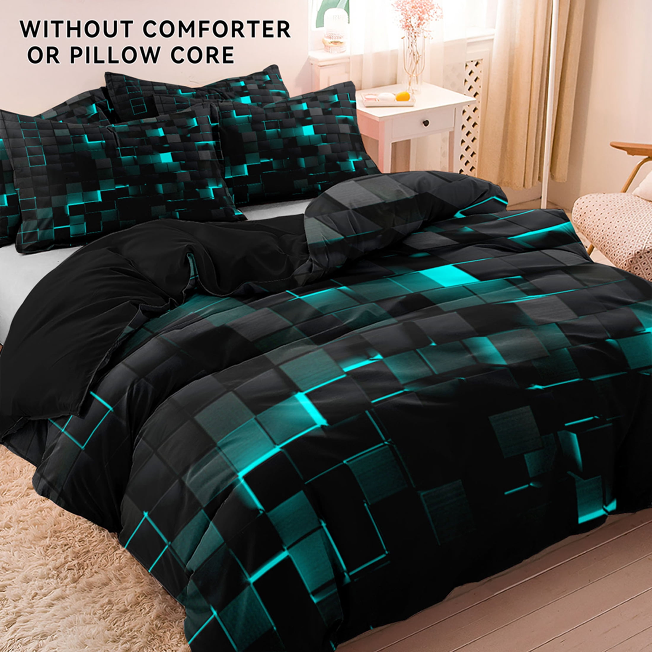 Orylavena 3D Lake Blue Geometric Microfiber Duvet Cover Set, Reversible, King