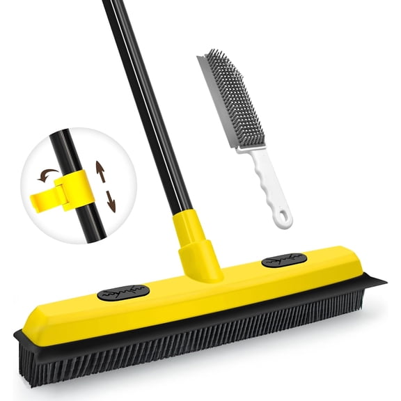 CZQ Rubber Broom with Squeegee, Pet Hair Remover 52.8 inches Long Handle, Push Fur Removal Tool with Portable Detailing Lint Brush for Fluff Carpet, Window, Tile, Hardwood Floor Cleaning (Yellow)