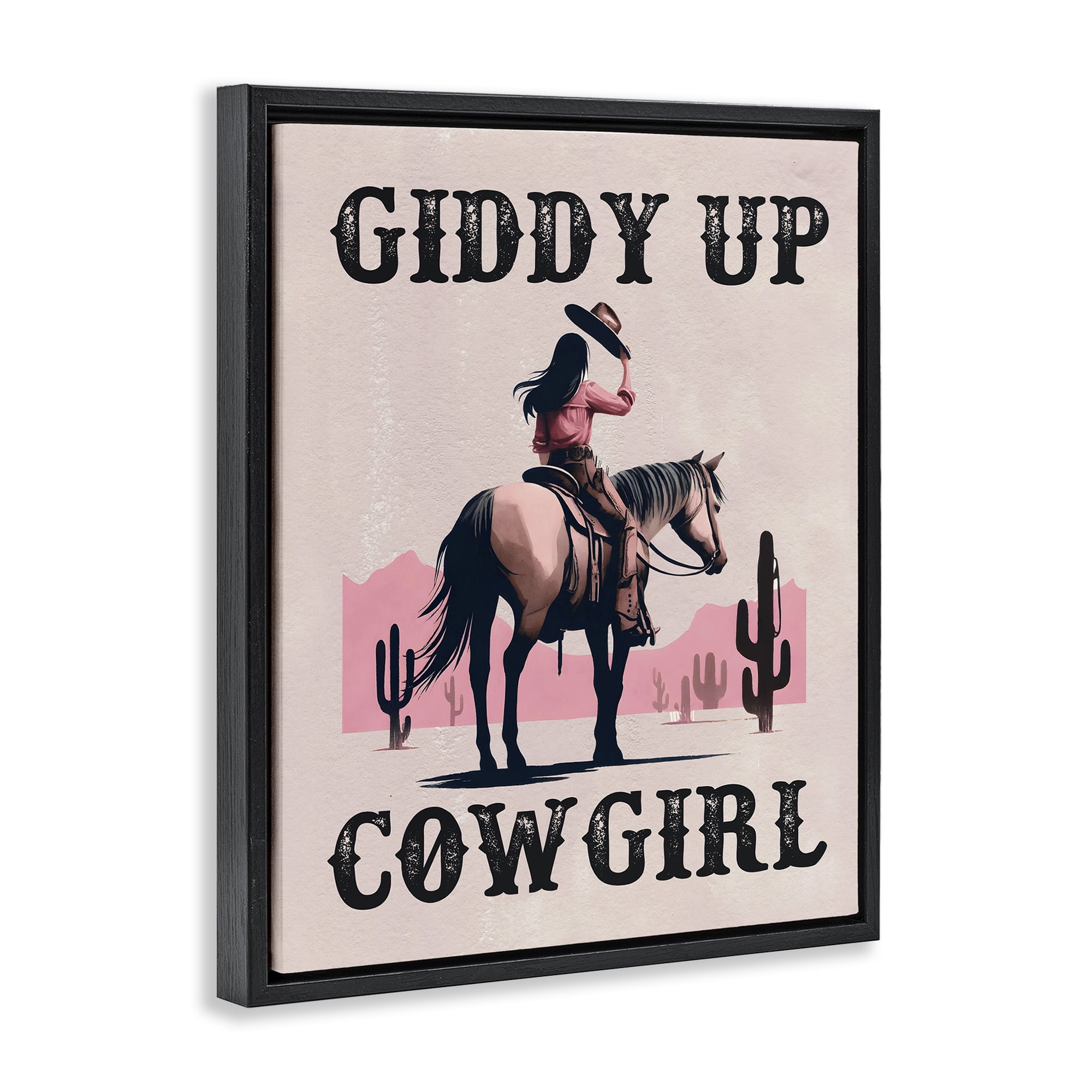Stupell Industries Giddy Up Brunette Cowgirl People Painting Black Floater Framed Canvas Art Print Wall Art, 25 x 31