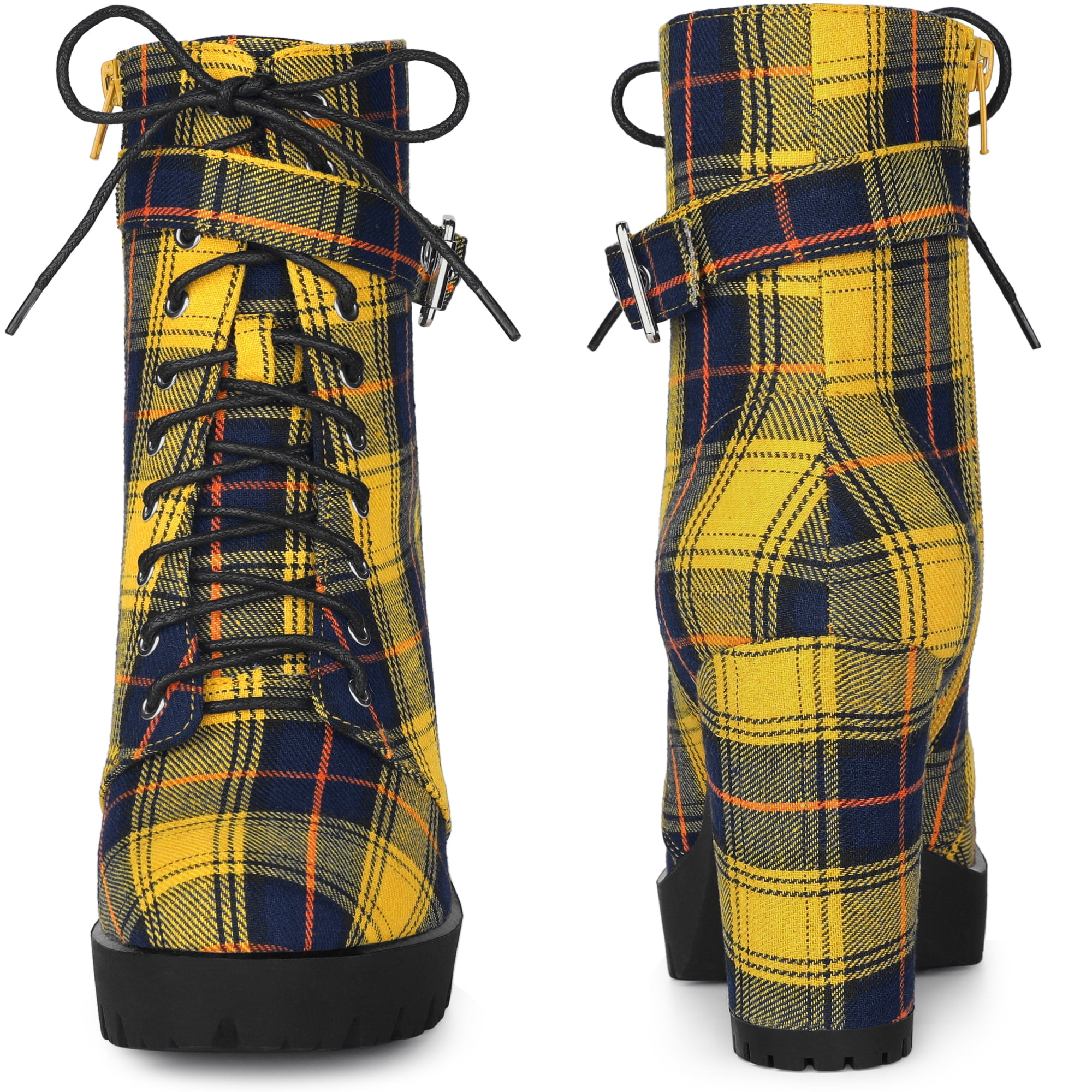Unique Bargains Women's Platform Lace Up Chunky Heel Plaid Printing Ankle Boot Yellow 8