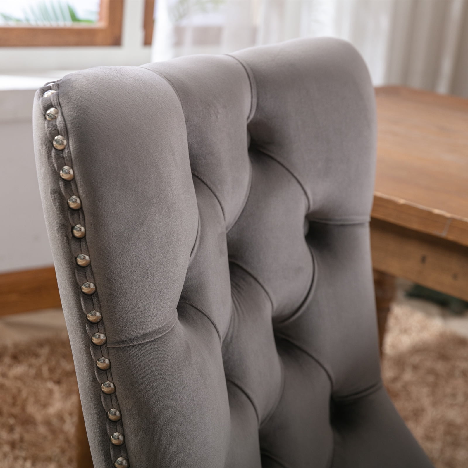 Yoneston Dining Chairs Set of 2, Upholstered High-End Tufted Dining Room Chair with Nailhead & Ring Pull Trim, Modern Velvet Chairs with Solid Wood Legs for Kitchen, Gray