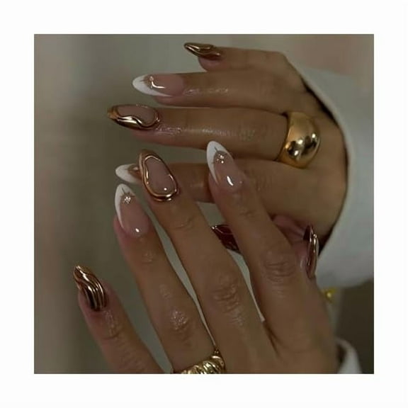 WEEKS Press on Nails Almond Medium Fake Nails White French Tip Glue on Nails 3D Ripple Design Gold Chrome Acrylic Nails 24Pcs Manicure Handmade False Nails Stiletto Stick on Nails