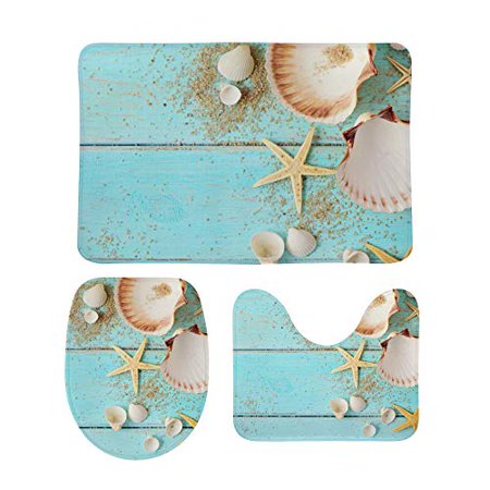 Non-Slip 3 Piece Bathroom Rug Set Shells Starfishes On Wooden Floor Soft Contour Rug + Toilet Lid Cover + Bath Mat Bathroom Decor