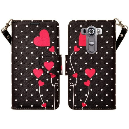 Polka Dot Leather Portfolio Leather Wallet Cover LG V10 Case, Slim Magnetic Flip Kickstand Wrist Strap - Polka Dot Hearts ()