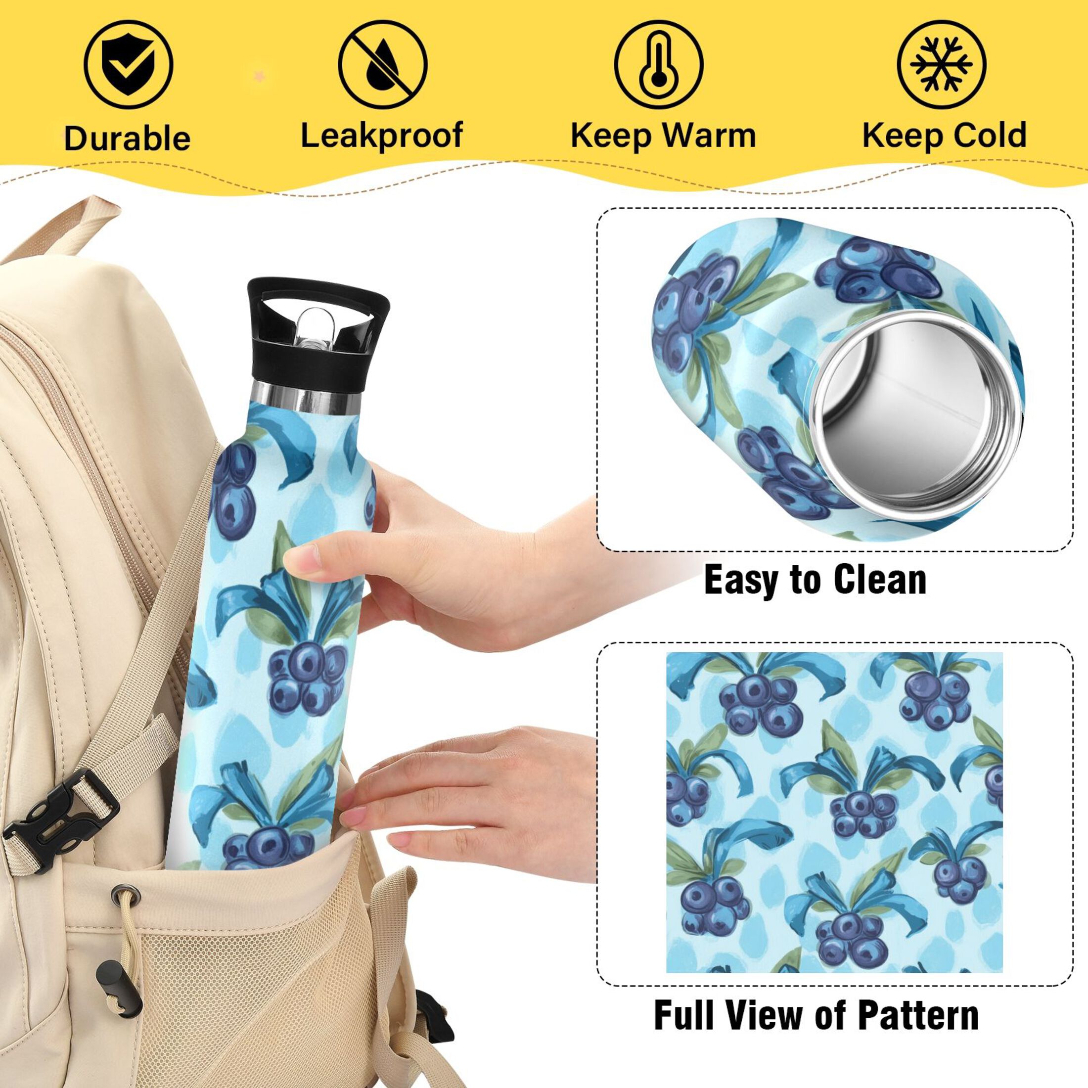 Kids Insulated Stainless Steel Sports Water Bottle 600ml (20oz) Cute Blueberry Pattern