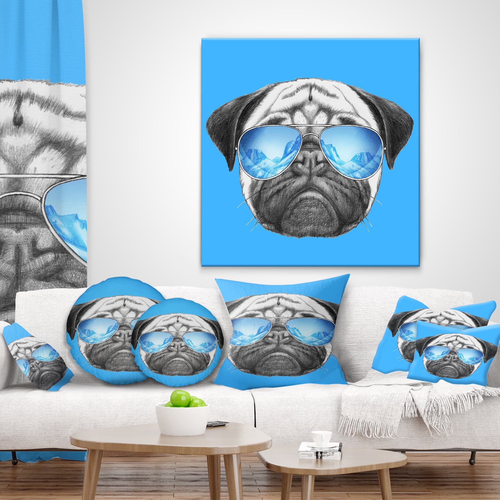 Designart Pug Dog with Mirror Sunglasses - Animal Throw Pillow - 18x18