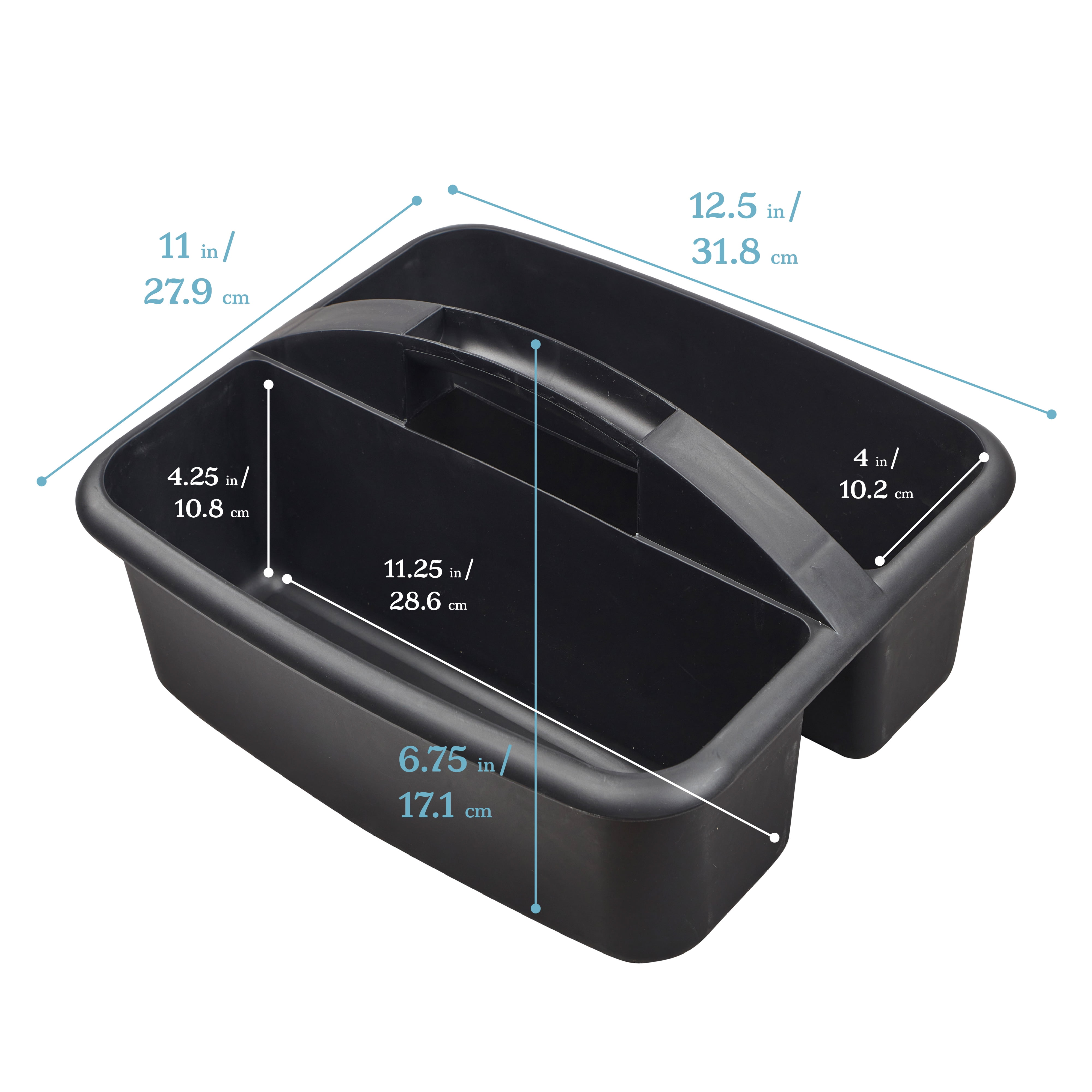 ECR4Kids 2-Compartment Large Plastic Caddy, Multipurpose Organization, Black, 6-Pack