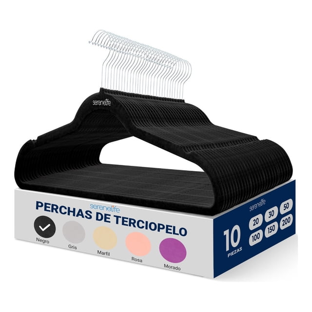 Ganchos de Terciopelo Premium Serenelife, Ahorradores de Espacio, Resistentes, con Gancho Metálico Giratorio de 360°, para Trajes, Pantalones y Vestidos, Negro, Pack 10