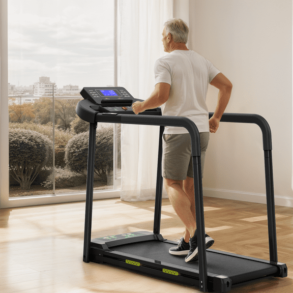300 lbs Capacity Walking Pad Treadmill for Seniors, Foldable Treadmill with 7.5 MPH Motor, Large LED Display, Long Safety Handrails, Portable Home Exercise Walking Machine, Black