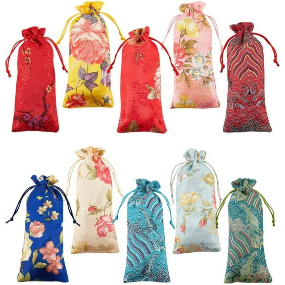 PH 10pcs Silk Drawstring Bag 3x6Inch Chinese Silk Brocade Pouch Gift Bags Advent Calendar Bags Jewelry Bag Sachet Candy Chocolate Bag for Wedding Party Favor Bags Birthday Christmas Storage for DIY