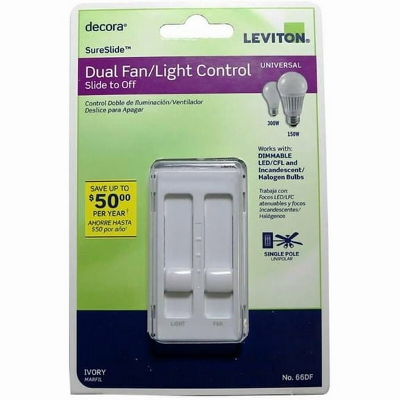 Leviton  Decora Sureslide Fan & LED Dimmer Slide Switch, Ivory
