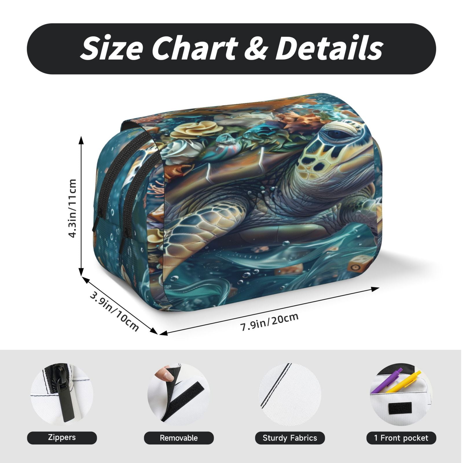 Rateoe Colorful Plant Turtle Pattern Double Clamshell Pen Case, Storage Organizer with Two Zipper Compartments– Holds Up to 50 Pencils & Pens
