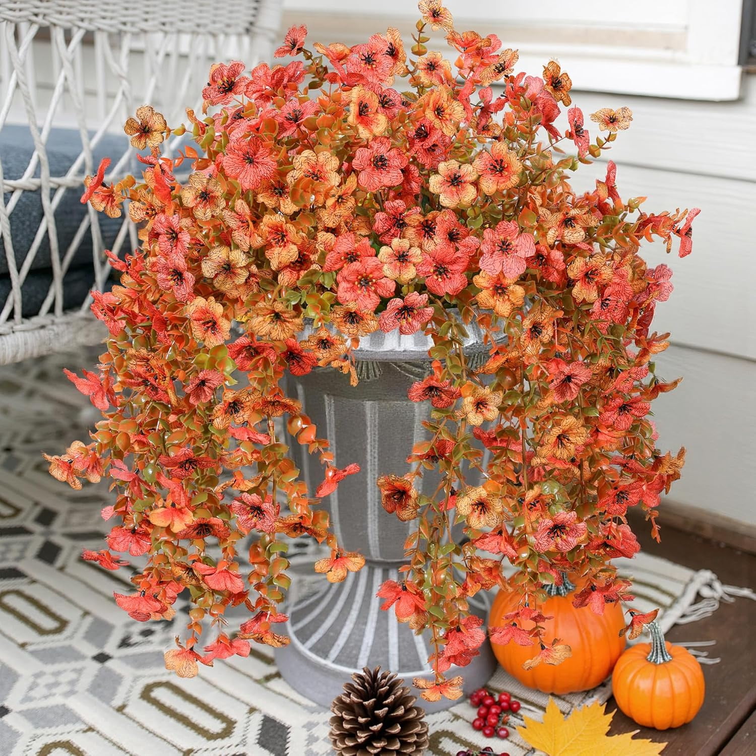Fusion Artificial Mums for Outdoors Decoration Fall Fake Flowers for Outside Decor, 2Pcs Silk Daisy with Eucalyptus UV Resistant Realistic Vines for Front Door Yard Patio Porch Planter Home