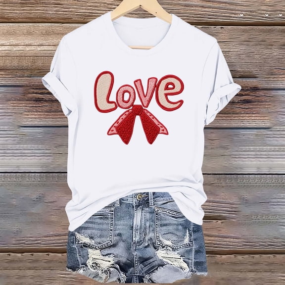 YTCAMLO Valentine's Day Shirts for Women Casual Basic Short Sleeve T Shirts Pink Bowknot Tunic Tops Cute Graphic Tees Spring Clothes, White2 XXL