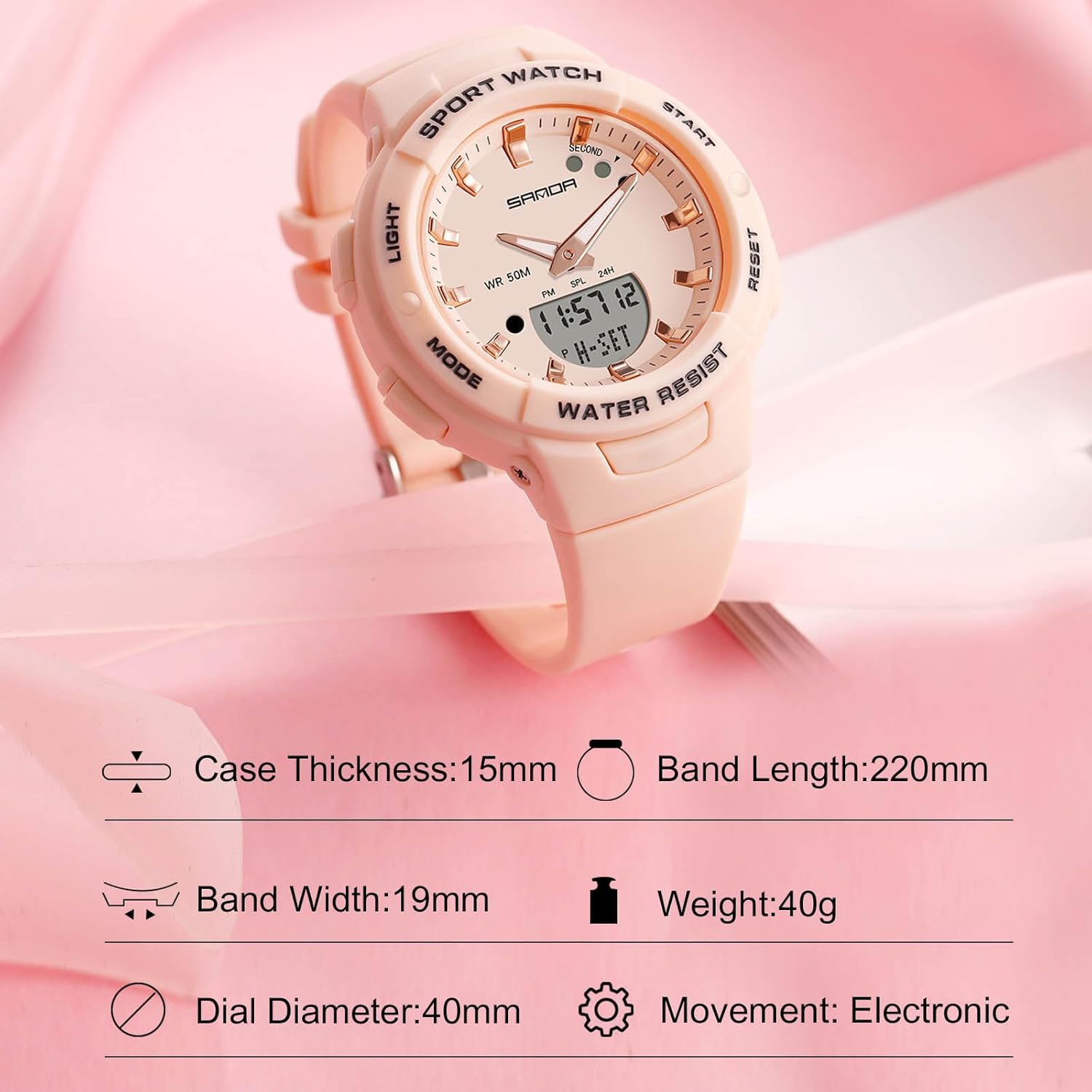 Electronic Wristwatch Digital Analog Quartz Watches Ladies Simple Resin 50M Waterproof Watch Multifunctional Military for Women