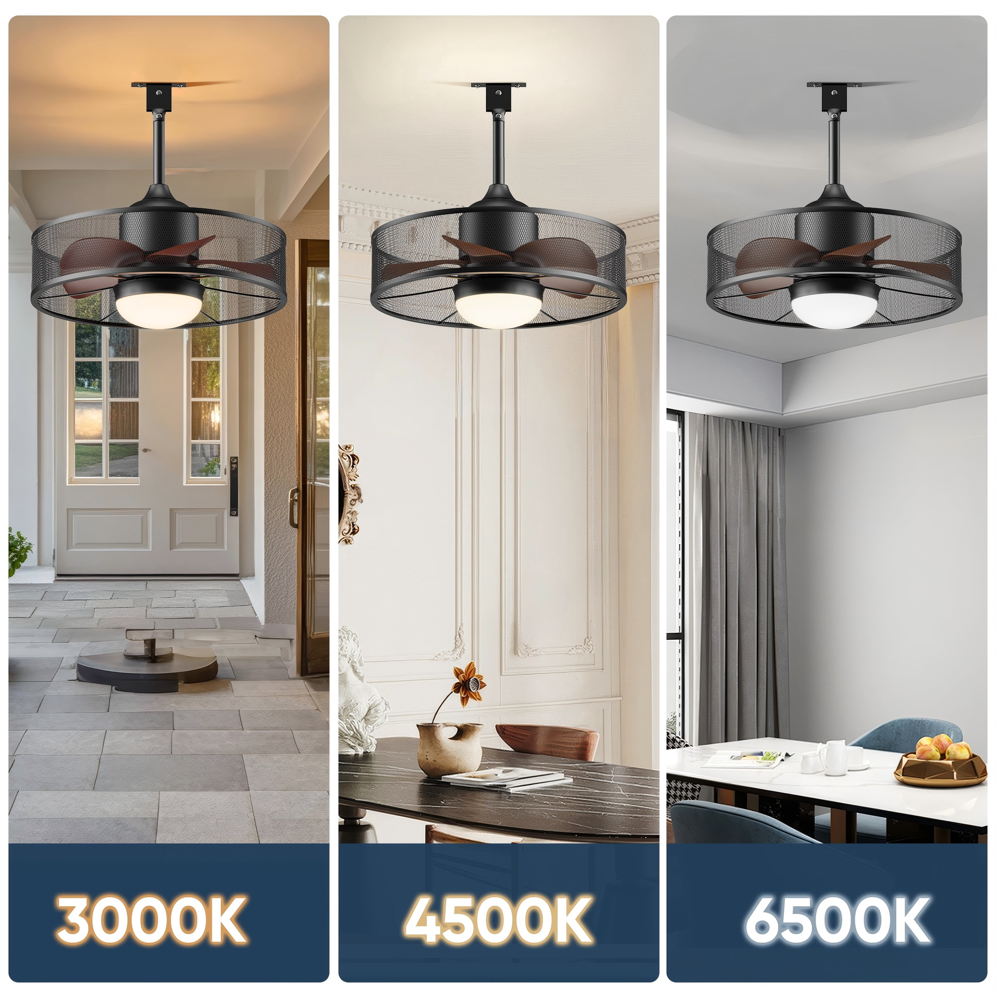 19.1" Ceiling Fan with Light Remote Control, Black Modern Waterproof Pendant Light Gazebo Fan for Outside Porch Patios