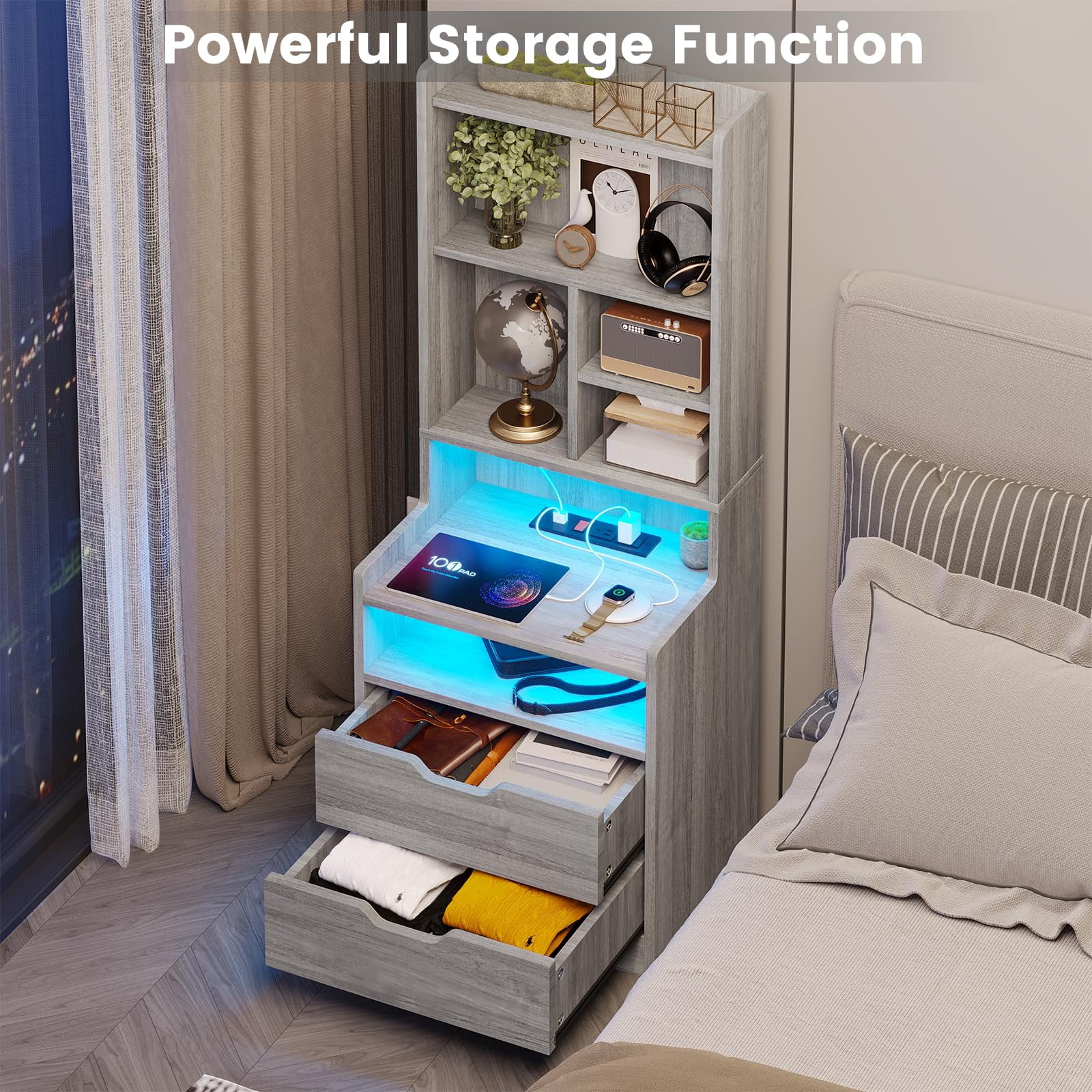 Afuhokles Tall Nightstand Set of 2 with Charging Station and LED Lights, Night Stand with Bookshelf,Bedside Table with Drawers, Gray