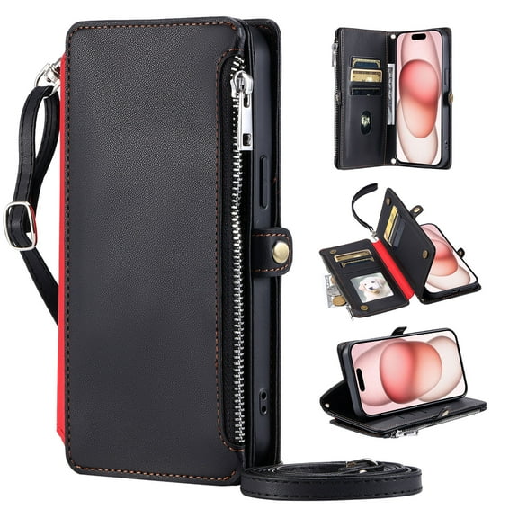 Compatible with iPhone 16e Case Wallet with Card Holder for Women Men, PU Leather Magnetic Snap Flip Zipper Wrist Strap and Crossbody Strap Stand Phone Case for iPhone 16e, Black