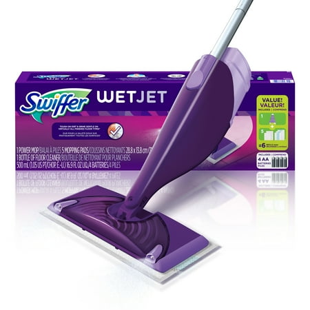 Swiffer WetJet Mopping Kit (1 Power Mop, 5 Mopping Pads, 1 Bottle of Floor Cleaner 16.9 fl oz, 4 (Best Swiffer For Wood Floors)