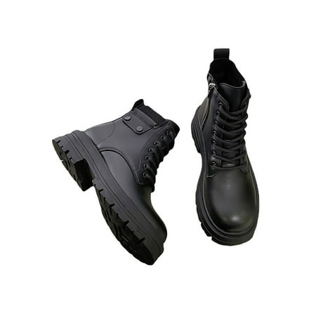 

SIMANLAN Ladies Short Bootie Platform Ankle Boots Chunky Combat Boot Winter Warm Fashion Booties Work Lace Up Shoes Black 4.5