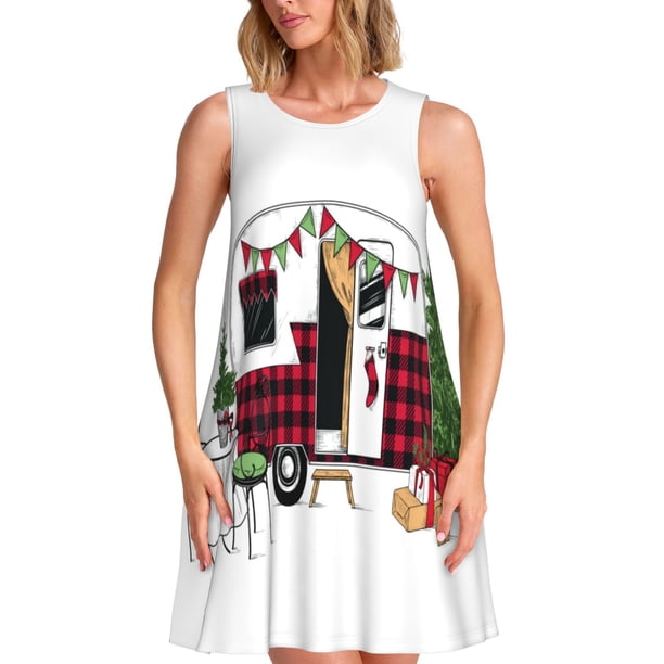 Balery Vintage Buffalo Plaid Christmas Camper Vestidos de verano para mujer con estampado: vestido holgado sin mangas, vestido playero informal y cómodo para días calurosos.