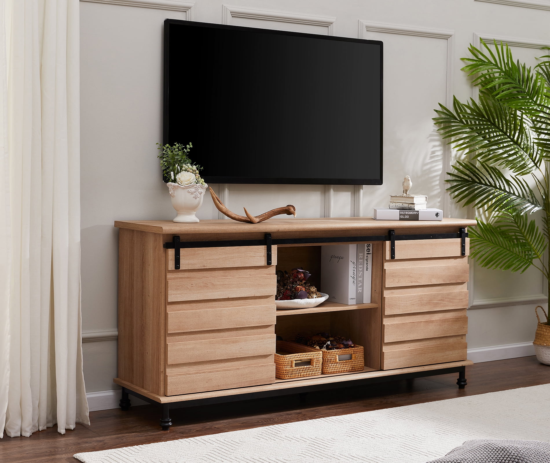 Wampat TV Stand with 2 Sliding Doors for TVs up to 65", Light Brown
