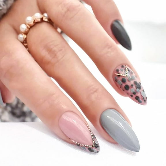 Medium Length Press on Nails Almond French Tip Acrylic Stick on Nails Glossy Full Cover Fake Nails Leopard Print Design False Nail for Women and Girls 24Pcs grey 0.04 Fl Oz (Pack of 24)