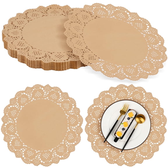 100 Pack Round Brown Kraft Paper Doilies 13.5 Inches Lace Paper Place Mats Rustic Scallop Doily Disposable Table Pads for Food Cakes Crafts Party Weddings Tableware Decor