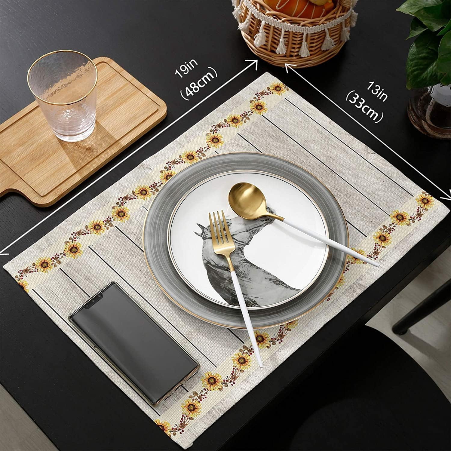 Sunflower on Car Rustic Placemats Washable Place Mats Table Mats Farmhouse Set of 6 Cotton Linen Indoor Placemat for Kitchen Living Room Wooden Board 12 x 18 Inches