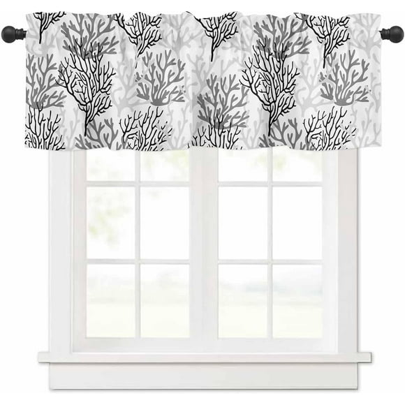 Cantonnières Courtes de Fenêtre Style Ferme Côtière en Corail Noir Gris, Cantonnières d'Été de Plage pour Fenêtres, Cantonnières Nautiques de Bord de Mer à Passe-Tringle pour Cuisine pour Salon Chambre Salle de Bain Café 54"x18 Pouces