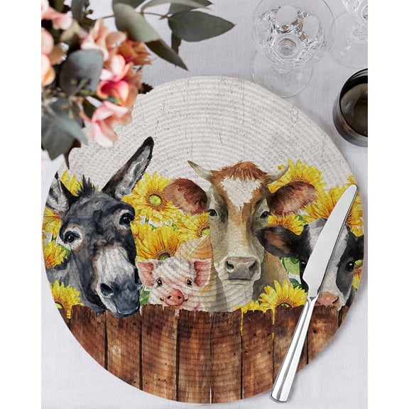 15 Inch Round Placemats Set of 4, Farm Pig Cow Vintage Non Slip Heat Insulation PP Table Mats, Farmhouse Retro Sunflower Grey Washable Place Mats for Kitchen Dining Party Table Decor