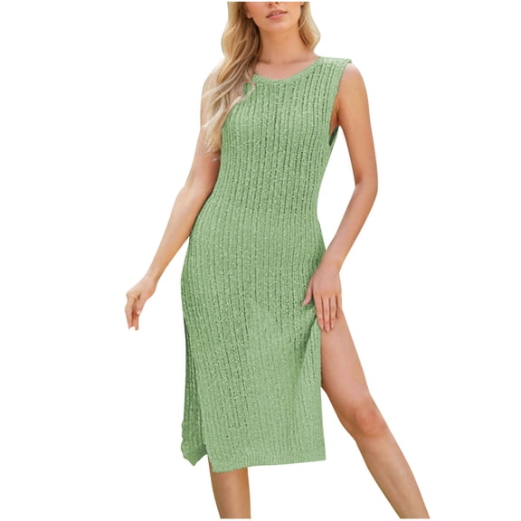 Summer Dresses for Womens 2026 Plus Size Fashion Solid Color Round Neck Sleeveless Split Fork Medium Length Knitting Dress
