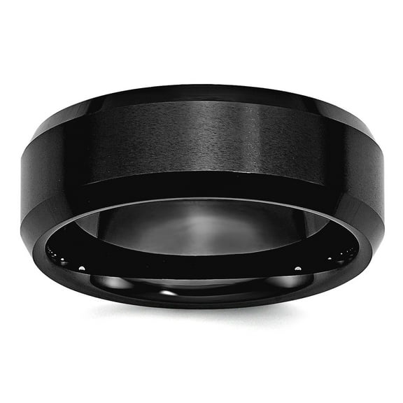 Ceramic Brushed Polished Beveled Edge Black 8mm Bevel Edge Brush/Polish Band Size 7 Ring for Women and Men