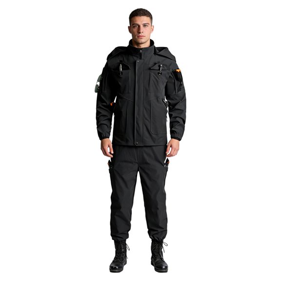 Waterproof Mens Jacket Man Set Mountain Climbing Outfit Outdoor Clothing Men's Jacket Suit Men's Workwear Wear Resistant Camouflage Suit Hooded Training Suit Mountaineering Outdoor Suit, Black-L