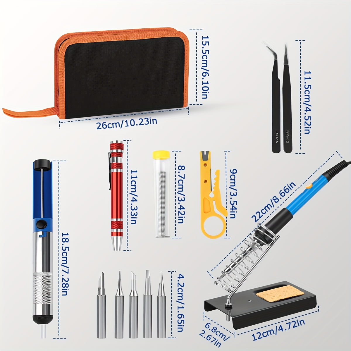 15/19pcs 60W Electrical Soldering Iron Kit - US Plug Adjustable Temperature 200-450°C Welding Tool, 15pcs Excludes Multimeter for DIY/Electronics Repair