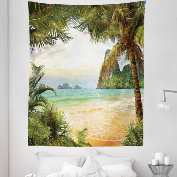 Island Tapestry, Palm Coconut Trees and Ocean Waves Mountains on Paradise Island Beach Image, Fabric Wall Hanging Decor for Bedroom Living Room Dorm, 5 Sizes, Green Brown Cream, by Ambesonne