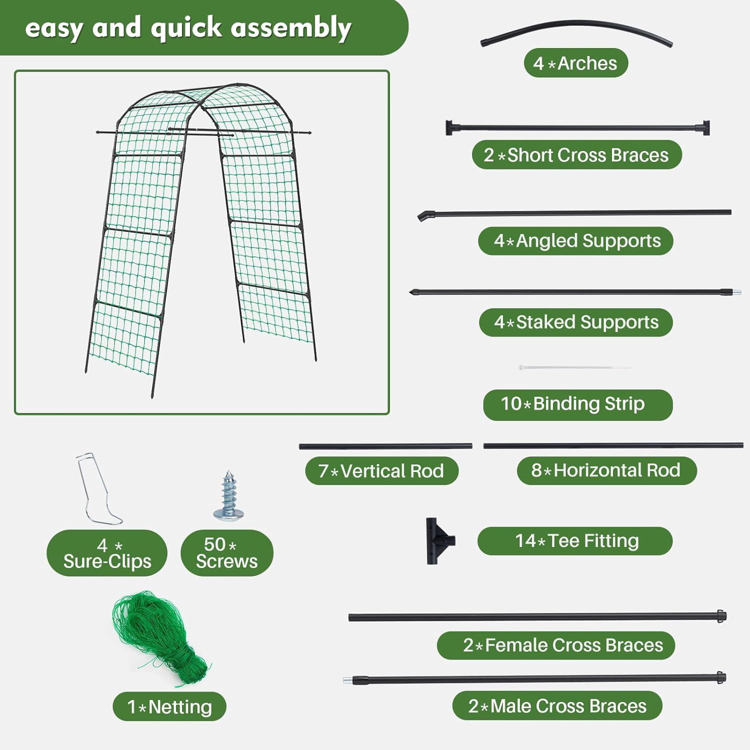86 Inch Tall Garden Arch Trellis for Climbing Plants Outdoor,Tall Metal Garden Tunnel Trellises Archway for Climbing Vine、Vegetable、Fruit、Flower、Squash Arbors，Garden Arches Support Structure