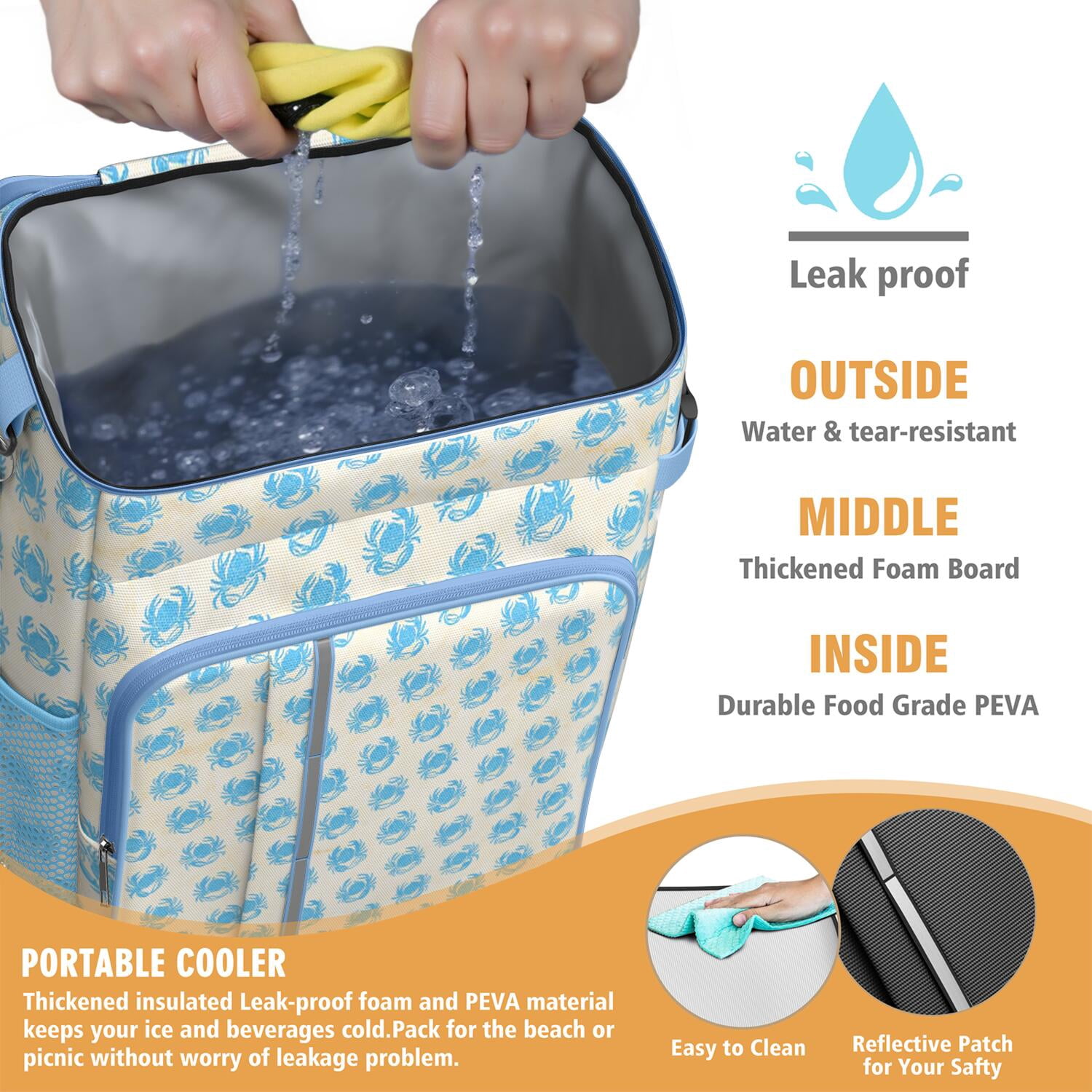 Camping Cooler Backpack 26 Cans,Soft Backpack Coolers Insulated Leak Proof Travel Cooler Bag Waterproof Lunch Picnic Beach Work Trip Thermal Bag Drink Beverage Beer Bag Cooler Marine Adorable Crab