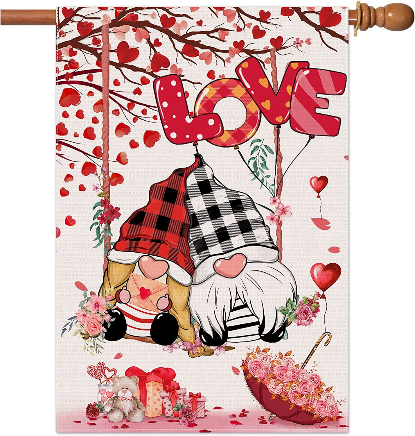 Valentines House Flag 28 x 40 Double SidedBurlap Gnomes and Swing