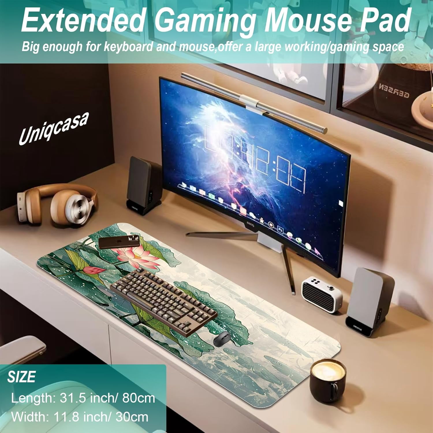 Gaming Mouse Pad 31.5x11.8 inch XL Large Extended Mouse Pad, Big Mousepad Desk Mat for Computer with Non-Slip Rubber Base and Stitched Edge-Lotus