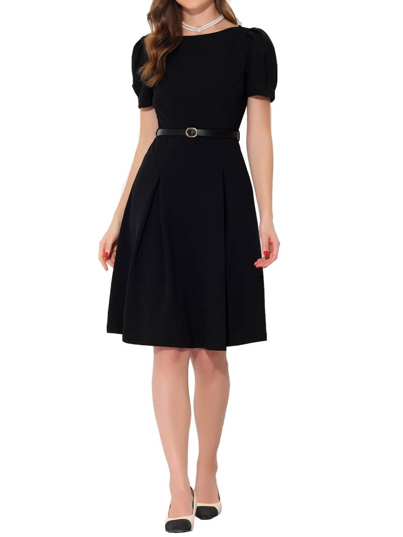 INSPIRE CHIC Women's Elegant Wear-to-Work Dress Belted Boat Neck Short  Sleeve Midi Dresses M Black - Walmart.com