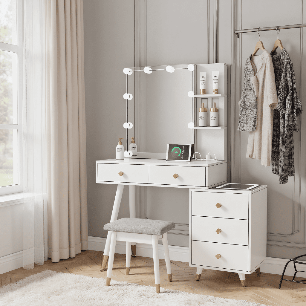 Kadyn Vanity Desk with Lighted Mirror, Vanity Table and Chair Set with 5 Drawers, Dressing Table Makeup Desk with Charging Station, White