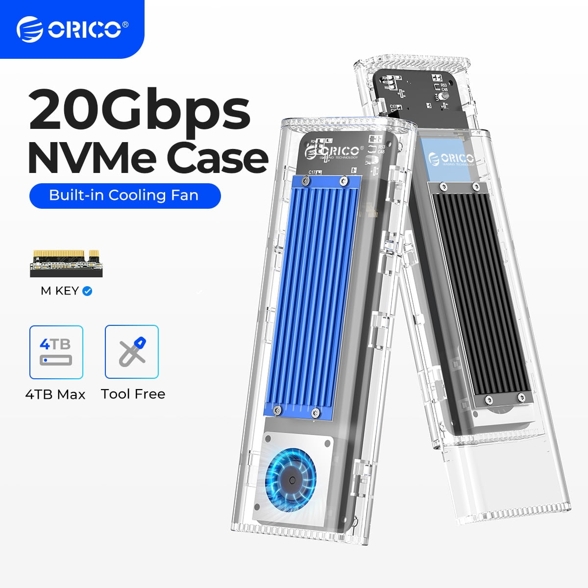 ORICO M.2 Enclosure NVMe 20Gbps Transparent External M.2 Enclosure Max 4TB USB C to M.2 NVMe SSD Enclosure Adapter for M Key, Built-In Fan, Support UASP Trim,with Storage Bag