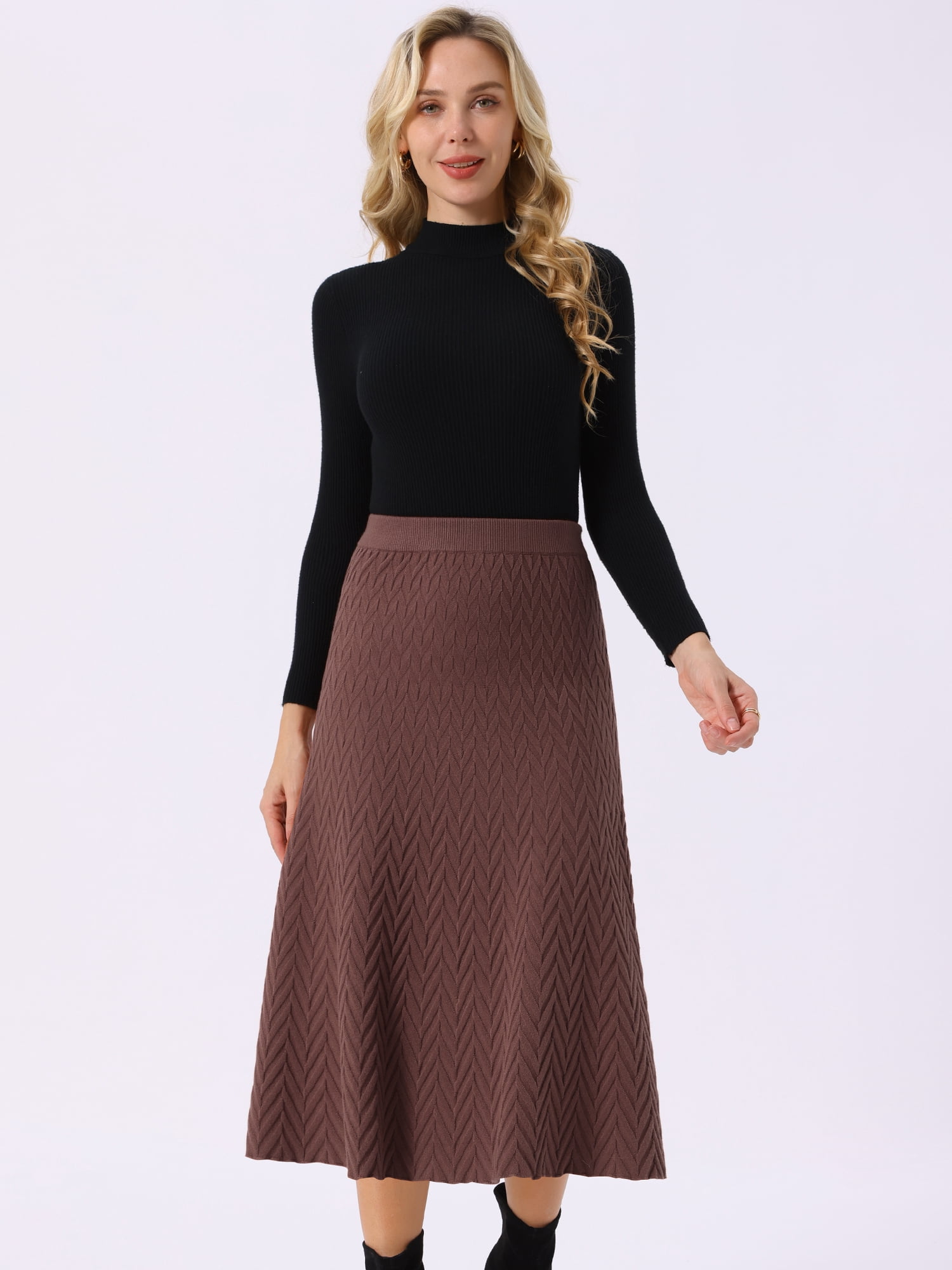 DARING DIVA Women's A-Line Skirts Stretchy Sweater Midi Skirt XL Coffee