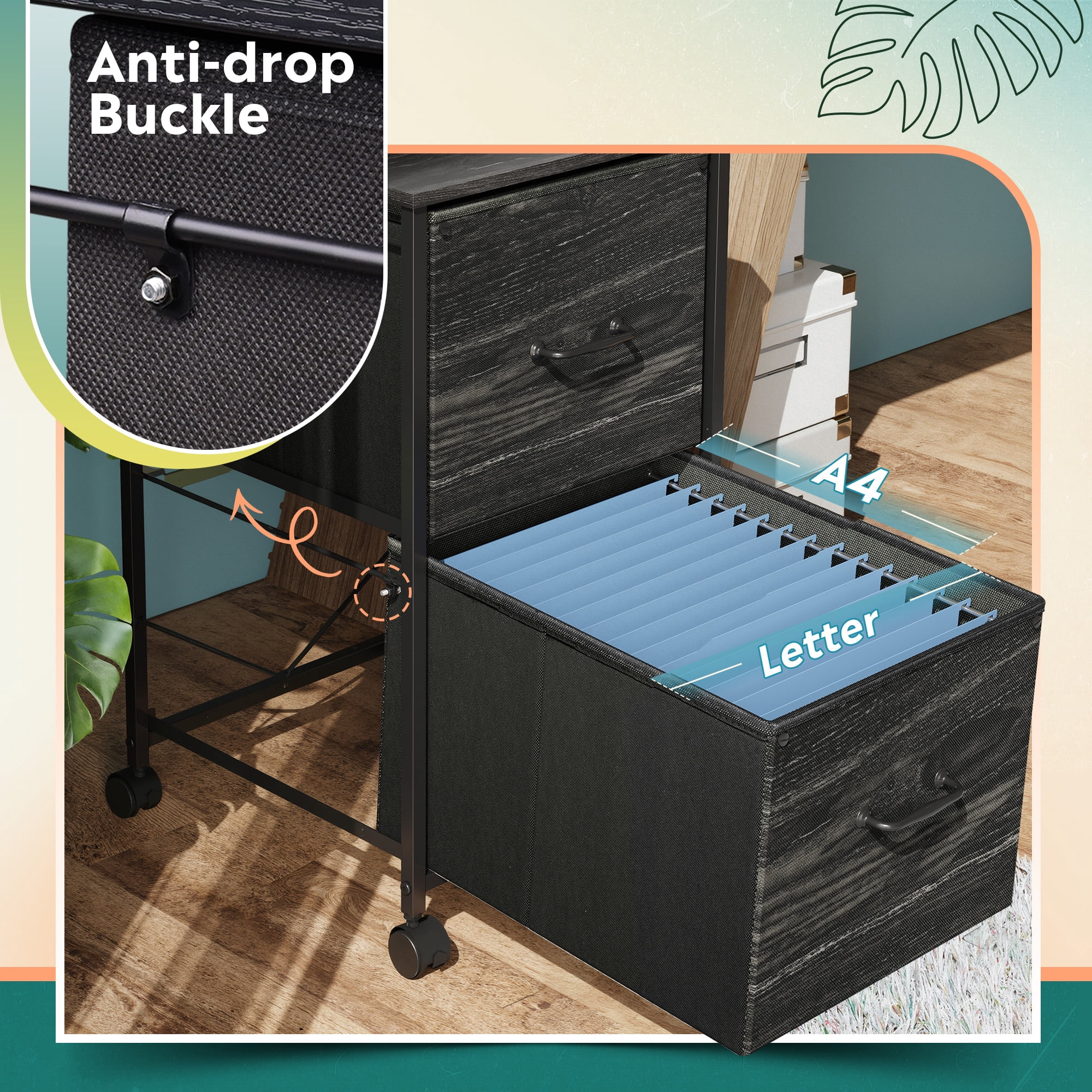 GALAXHERO 2 Drawer File Cabinet, Rolling Printer Stand Filing Cabinets for Home Office, Fabric Vertical File Cabinet Fits A4 or Letter Size,Charcoal Black Wood Grain Print