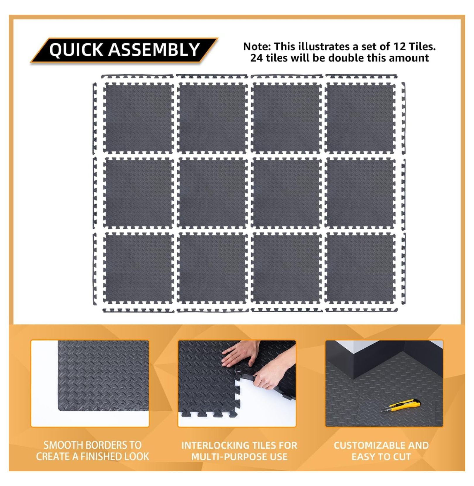 12 Pack, SQFT - 24" x 24" - 1/2" Extra Thick Floor for Home Gym or Floor Padding - High-Density Interlocking Foam Floor Tiles for Gym Equipment, Play Area | Yoga, Cardio, Weights