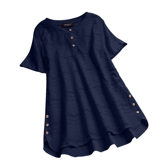 Timegard Hauts Grande Taille pour Femmes Été Col Rond à Boutons Manches Courtes T-Shirt Ample à Oeillets Haut Plage