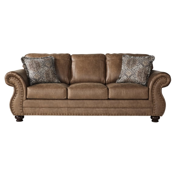Faux Leather Couch With Antique Bronze Accentuation Ornamentation Enhancement - Ginger Brown Upholstery, Rolled Armrest, Stitched Cushions, Wood Bun Feet, Extra Padding Enticing Quality Details
